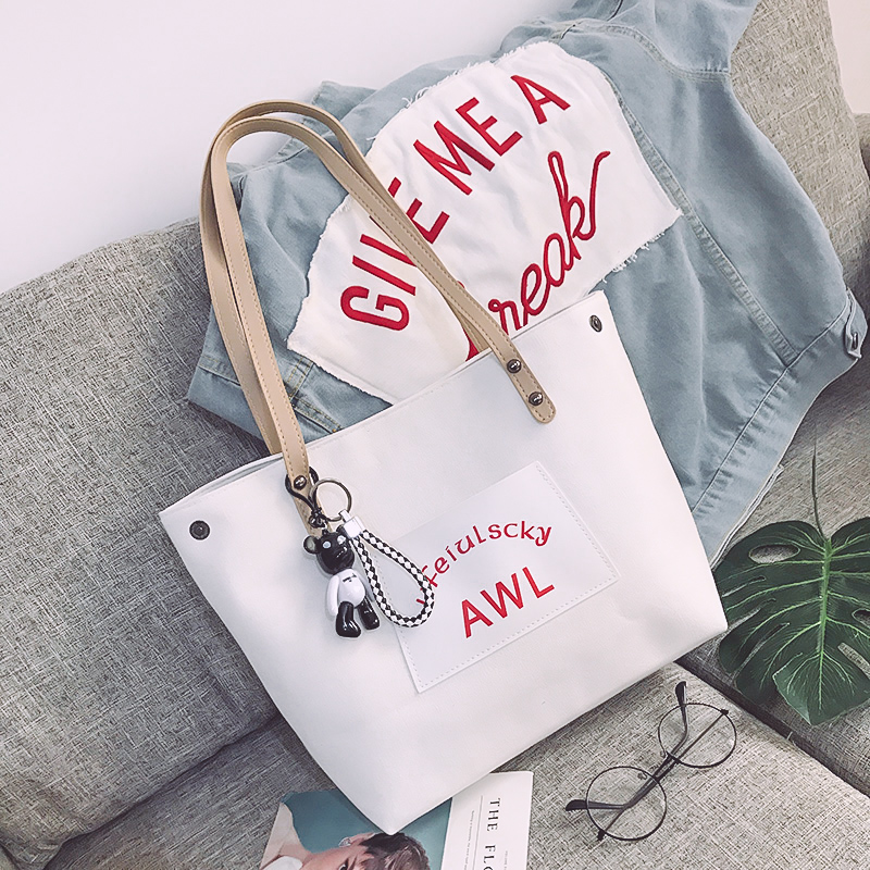 White [Bear With Violence]chic canvas Big bag female 2020 new pattern tide Korean version Versatile high-capacity college student attend class;class begins One shoulder handbag