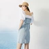 Peacebird cổ vuông may váy denim nữ 2020 mùa xuân và mùa hè mới tay áo ngắn tay phồng eo váy chữ A - A-Line Váy