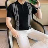 Трикотажная футболка polo, летняя тонкая шелковая трендовая рубашка, облегающий крой, в корейском стиле, короткий рукав
