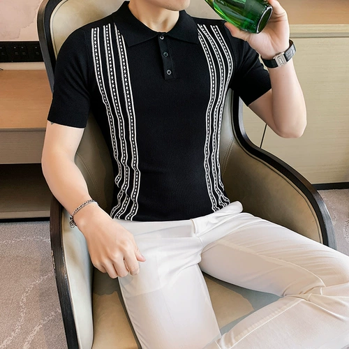 Трикотажная футболка polo, летняя тонкая шелковая трендовая рубашка, облегающий крой, в корейском стиле, короткий рукав