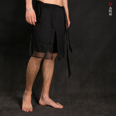 [古 阿 新] Trung Quốc phong cách mùa hè bông và vải lanh lụa thanh lịch sợi eo băng thông lỏng trong suốt du lịch lớn kích thước quần short