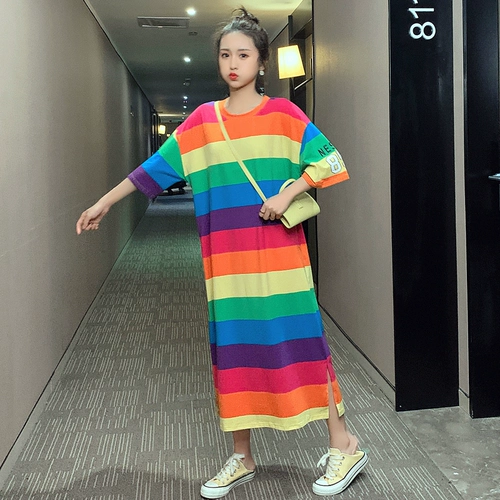 Платье, радужная длинная юбка, длинная футболка с коротким рукавом, большой размер, по фигуре, оверсайз, в корейском стиле