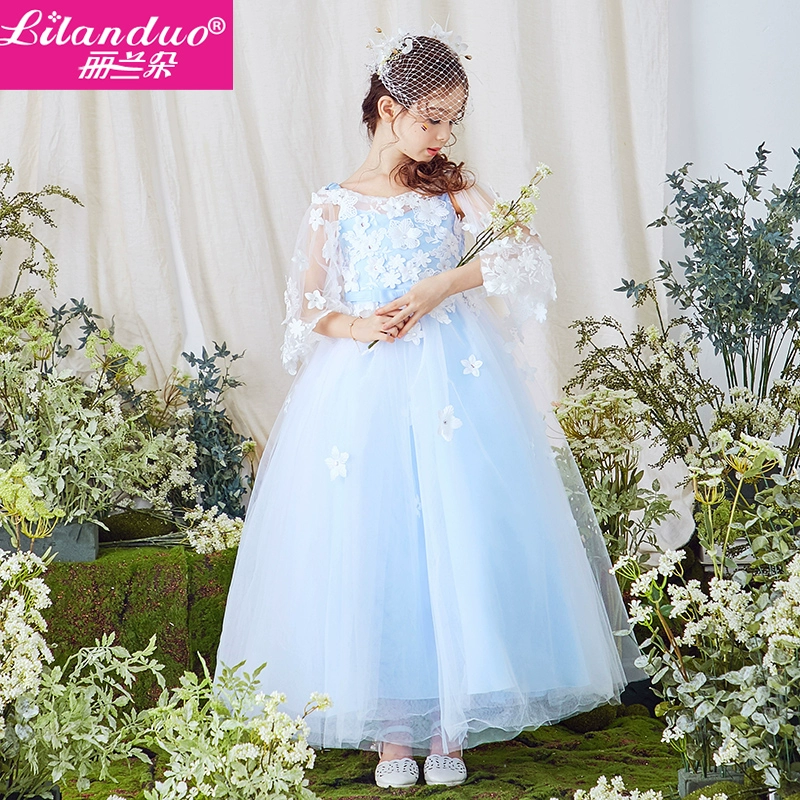 Lilan hoa thêu màu xanh nhạt cô gái công chúa váy hoa cô gái fluffy váy đầm trẻ em váy cưới mùa hè - Váy trẻ em