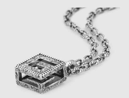 Gucci, ретро квадратная подвеска, длинный свитер, ожерелье, серебро 925 пробы