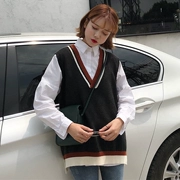 Áo len dệt kim nữ đầu thu sang trọng phiên bản Hàn Quốc của áo len cổ chữ V hoang dã màu gió bf không tay áo len thủy triều