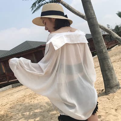 夏装2018新款韩版百搭宽松气质长袖女士白色超薄透视雪纺衬衫上衣-淘宝网