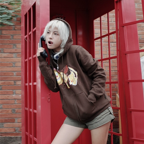 Хитрон Барроу Броун с капюшоном плюс бархатный кардиганский свитер печать Y2K Street Мужчины и женщины с длинными рукавами с длинными рукавами