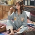 Bộ đồ ngủ nữ mùa xuân và mùa thu dài tay áo len cotton tháng phù hợp với phiên bản Hàn Quốc của bộ phim hoạt hình dễ thương kích thước lớn phục vụ gia đình - Bộ Pajama