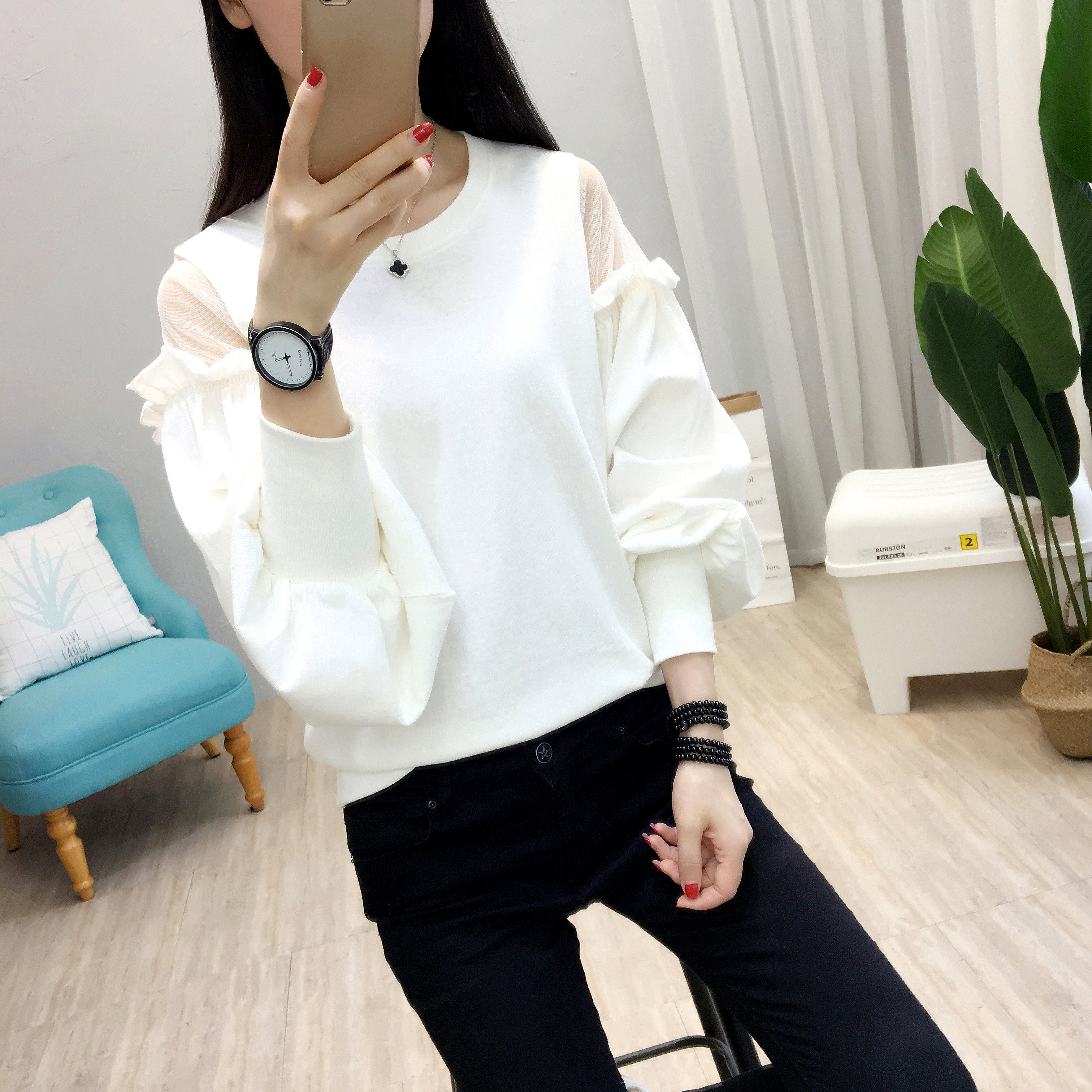 时尚house 实拍1084#秋装新款纯色灯笼袖上衣学生卫衣打底外穿潮