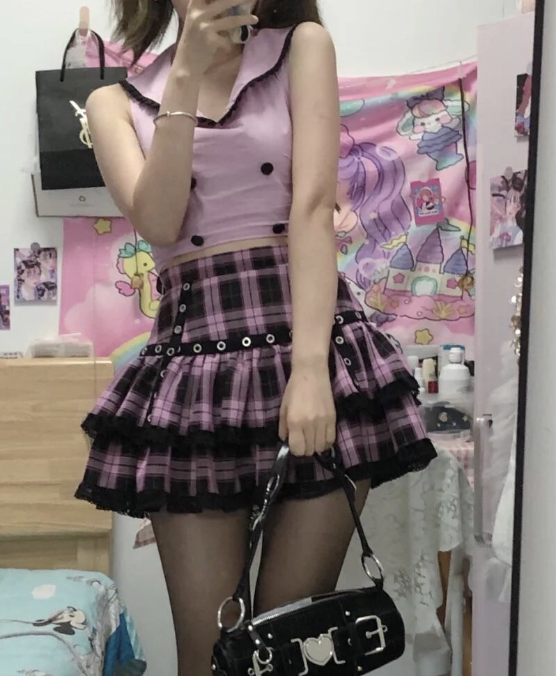 The Size Of Tianku Skirt Is Small & Pink Blacksolar system Soft girl lovely Harajuku Sweet cool handsome Academic atmosphere jk lattice Close your waist Show thin camisole lace skirt