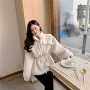 Mùa thu đông 2018 phiên bản mới của Hàn Quốc của cổ áo màu rắn cổ áo thắt eo đã mỏng trong phần dây kéo dài lông cừu áo khoác nữ thủy triều