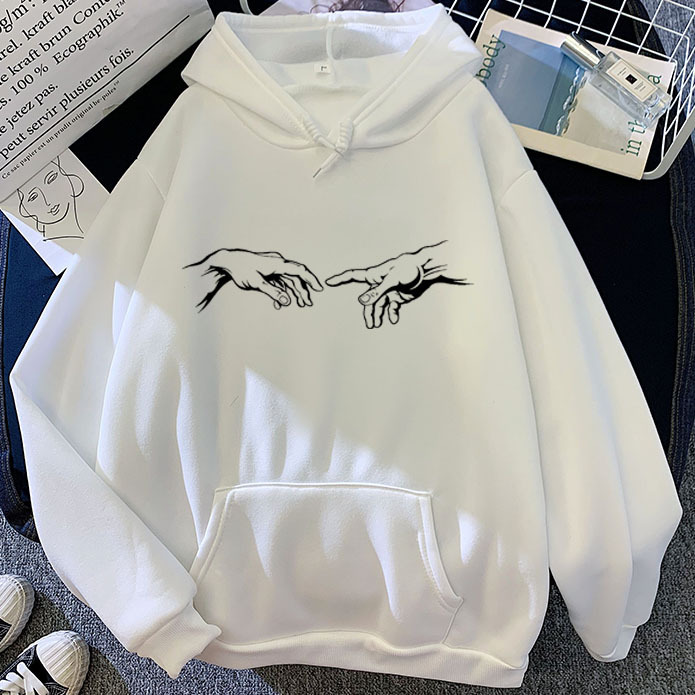 Whiteparagraph pinkycolor  Sweatshirt Sketch Adam Hand of printing pattern Versatile personality Hooded Sweater Two rise beat