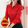 Han Fan 2018 thu đông mới tự may áo sơ mi chuyên nghiệp màu đỏ cộng với áo nhung nữ dài tay ấm áo yếm áo sơ mi khoác ngoài