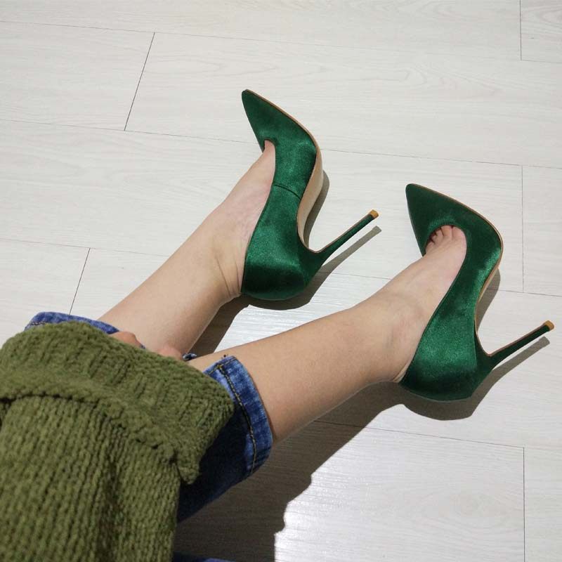 秋季新款真丝绸缎尖头浅口绿色黑色职业工作高跟鞋细跟百搭女单鞋