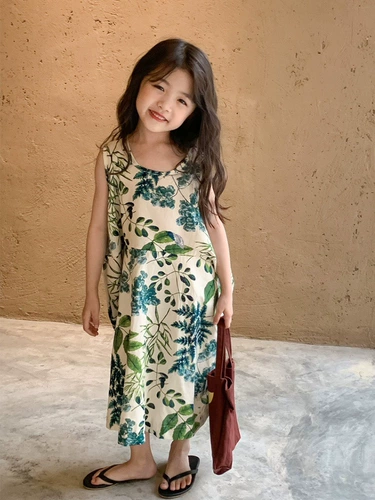 Пляжное платье, детская летняя длинная юбка, детская одежда, 2023, в корейском стиле, в цветочек