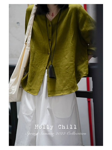 Hollychill 丨 2022SS 100%белье v -neck Свободный силуэт солнцезащитный крем с длинной легкой рубашкой