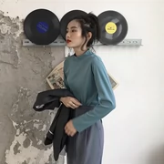 Mùa thu đông Hàn Quốc Quần lửng nữ dáng lửng thon gọn nửa cổ cao áo thun mẫu cơ bản áo sơ mi dài tay
