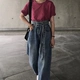 Mùa thu Hàn Quốc của Phụ Nữ Cao Eo Slim Wide Leg Jeans Loose Strap Quần Thẳng Đàn Hồi Eo Quần Âu quần bò ống sớ Quần jean