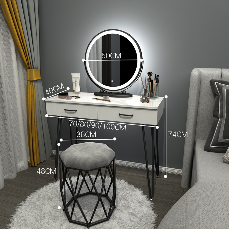 Black Iron Art 90 Table + Three Color LED Mirror + ChairNorthern Europe dresser bedroom Internet celebrity Ins wind Modern simplicity Large-sized apartment Dressing table female small-scale dresser With lamp