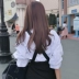 2017 mùa hè mới sinh viên Hàn Quốc phiên bản của lỏng mỏng đứng cổ áo hoang dã bong bóng tay áo cardigan dài tay áo sơ mi nữ