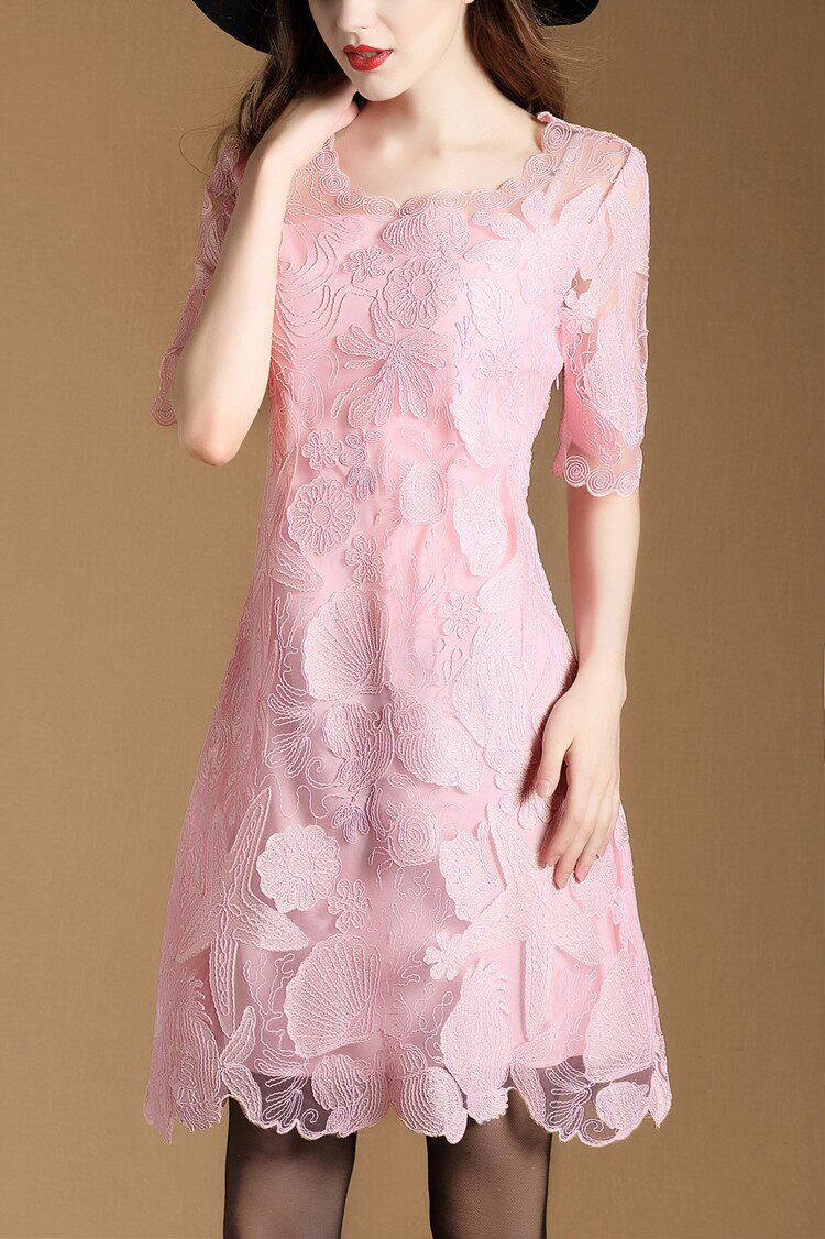 9907#2017春季新款优雅中袖镂空绣花连衣裙修身显瘦a字裙