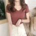 Mùa hè năm 2018 mới của Hàn Quốc phiên bản của V-cổ ngắn tay len áo len nữ Slim là mỏng màu rắn áo sơ mi hoang dã