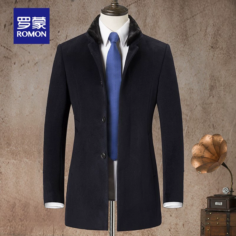 Luo Meng mùa xuân áo khoác len lông chồn lông chồn cổ áo nam giới áo khoác len thuần khiết dài giữa vải len dày - Áo len