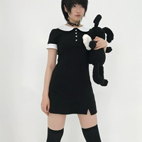 Черное японское платье, юбка, воротник поло, облегающий крой