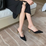 [包头半拖鞋女夏外穿时尚真皮高跟珍珠仙女细跟法式复古尖头穆勒鞋]