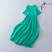 Mực dưới gốc ban đầu retro phong cách bông và vải lanh xiên màu sắc tương phản handmade khóa váy lỏng đơn giản ramie dress
