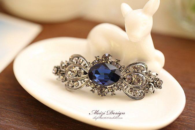 复古公主发夹宫廷蝴蝶结发饰头饰水钻宝石发卡深海蓝a172