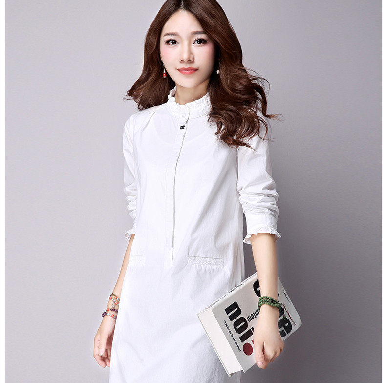960#2016新款韩版荷叶领打底长袖衬衫女棉衬衣中长款白衬衫裙