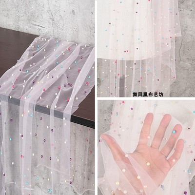 taobao agent Pink inlaid pearl mesh fabric silk smooth, soft, thin elastic perspective, beaded beaded creative dress wedding cloth