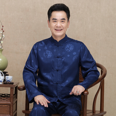 春夏唐装男套装中老年人丝质长袖大码爷爷老人衣服60-70-80岁男装