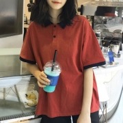 Mùa hè Hàn Quốc phiên bản trong Harajuku bf màu sắc tương phản ve áo polo cổ áo sơ mi là mỏng lỏng ngắn tay vài t-shirt tops triều s