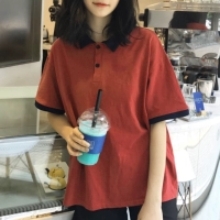 Mùa hè Hàn Quốc phiên bản trong Harajuku bf màu sắc tương phản ve áo polo cổ áo sơ mi là mỏng lỏng ngắn tay vài t-shirt tops triều s áo phông trắng