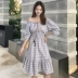 Váy nữ mùa hè mới của Hàn Quốc phụ nữ nhỏ tươi off-the-vai cổ áo đèn lồng tay áo kẻ sọc xù midi váy Váy dài