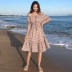 Váy nữ mùa hè mới của Hàn Quốc phụ nữ nhỏ tươi off-the-vai cổ áo đèn lồng tay áo kẻ sọc xù midi váy Váy dài
