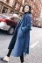 Áo khoác nữ trung phần dài Hepburn gió chic retro len Nizi mùa đông eo smog len màu xanh áo len