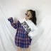 Đầu mùa thu của phụ nữ Hàn Quốc dài tay khâu trùm đầu áo thun áo len đoạn dài lỏng kẻ sọc thư T-Shirt top triều ao kieu dep Áo len