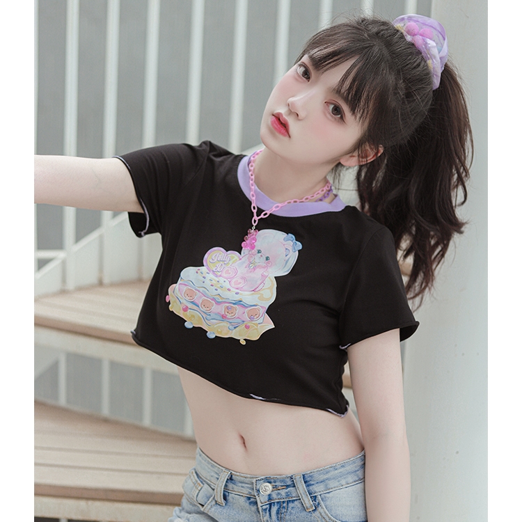 Black & Shortcat  Bear Soft candy T-shirt Can of cat Lolita original Bare sweet lovely Lolita Short sleeve Crew neck pure cotton