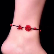 Bộ Sen hồng chuỗi vòng chân màu đỏ nữ tính khí đan đơn giản hạt chân san hô trang sức gió quốc gia của chuỗi Foot - Vòng chân