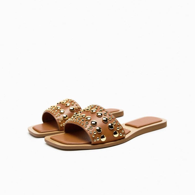 Sandals ZA2023 Summer New TRF Women's Shoes Yellow Rivet Decoration Flat Bottom Non slip Casual Sandals for Women