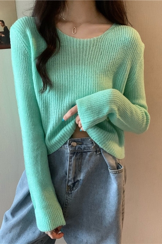 Korean early autumn candy color loose Pullover Mohair crew neck sweater women's short ins versatile long sleeve sweater
