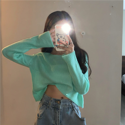 Korean early autumn candy color loose Pullover Mohair crew neck sweater women's short ins versatile long sleeve sweater