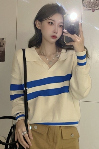Polo neck soft waxy sweater women's early autumn new 2021 Korean thin V-neck contrast stripe long sleeve top