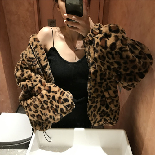 Net red leopard mink fur coat women fashion ins autumn winter Korean loose style cotton Plush zipper cotton jacket