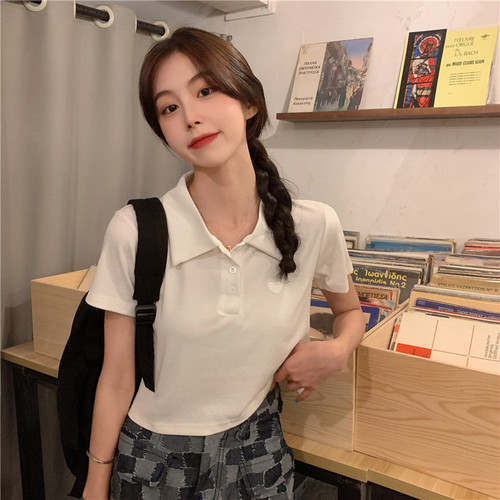 Short sleeve 2021 new women's summer love embroidery Polo neck slim spice girl short T-shirt Korean chic top