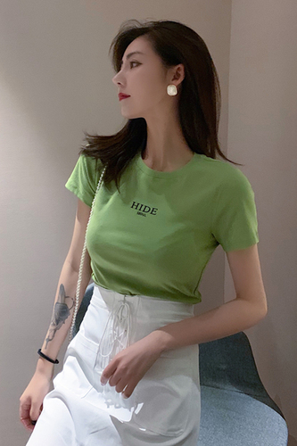 Shengyafeng letter printing short T-shirt women's summer dress Korean version of self-cultivation Baitao Chic avocado jacket plaster tea green