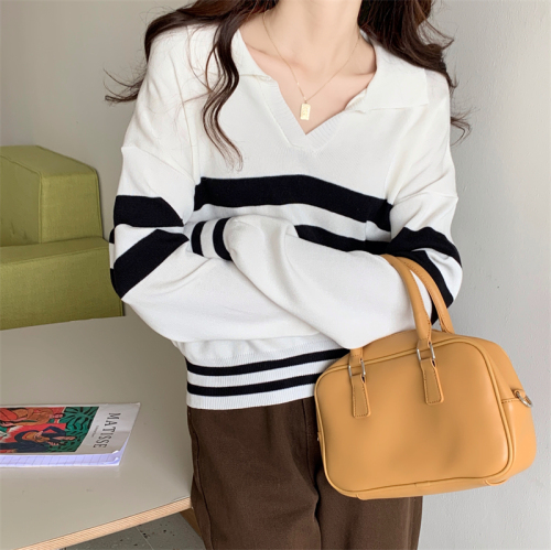 Polo neck soft waxy sweater women's early autumn new 2021 Korean thin V-neck contrast stripe long sleeve top